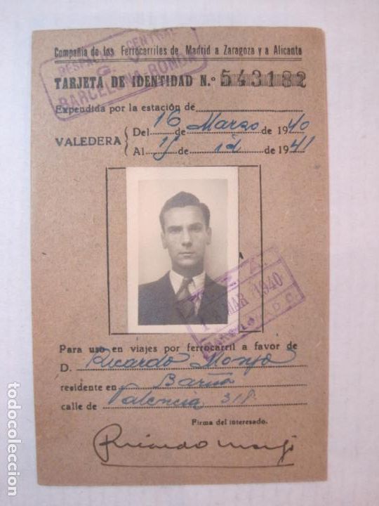 Colecionismos Bilhetes de Transporte: COMPA&Ntilde;IA DE FERROCARRILES MADRID ZARAGOZA ALICANTE-TARJETA IDENTIDAD-VER FOTOS-(88.883)