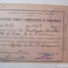 Coleccionismo Billetes de transporte: FERROCARRIL-CAMINOS DE HIERRO DEL NORTE-PASE BILLETE-AÑO 1929-VER FOTOS-(K-5545)