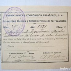Coleccionismo Billetes de transporte: FERROCARRIL-FERROCARRILES ECONOMICOS ESPAÑOLES-PASE BILLETE-AÑO 1931-VER FOTOS-(K-5547)