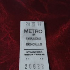 Coleccionismo Billetes de transporte: BILLETE METRO MADRID EMBAJADORES DOBLEZ AL CENTRO 1977. Lote 327338123