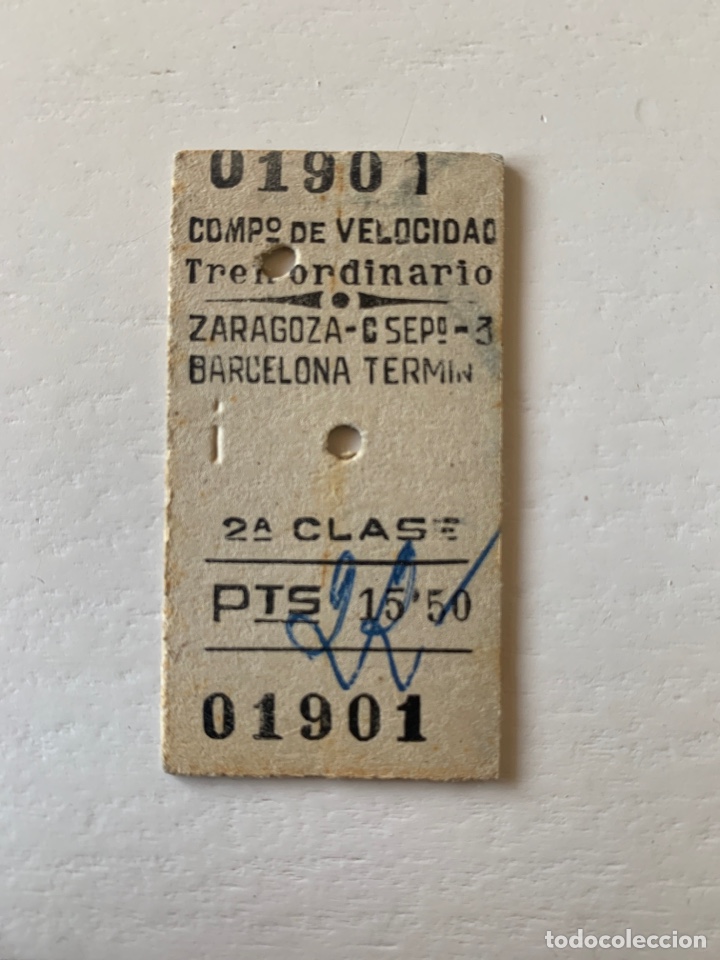Collectionnisme Billets de transport: Billete de tren // Zaragoza Campo Sepulcro - Barcelona T&eacute;rmino // Complemento velocidad // 1959