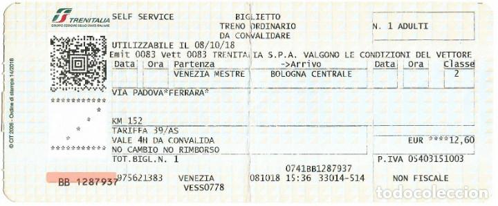 Coleccionismo Billetes de transporte: ITALIA. Billete de tren (Trenitalia) de Venezia Mestre a Bologna Centrale (2018).