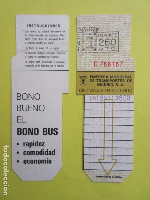 Collectables Transport Tickets: REF: LL-1234 - TARJETA RESISTIVA BONO BUS MADRID 260 PESETAS SERIE C ROJA IZQUIERDA