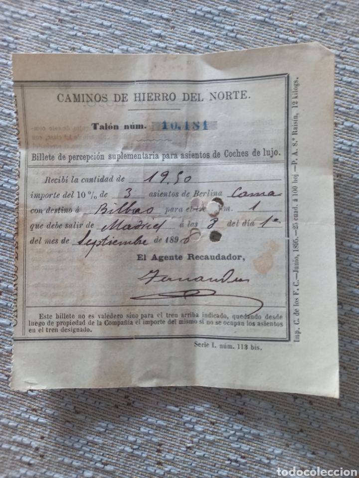 Colecionismos Bilhetes de Transporte: BILLETE DE TREN CAMINOS DE HIERRO DEL NORTE - MADRID-BILBAO A&Ntilde;O 1896