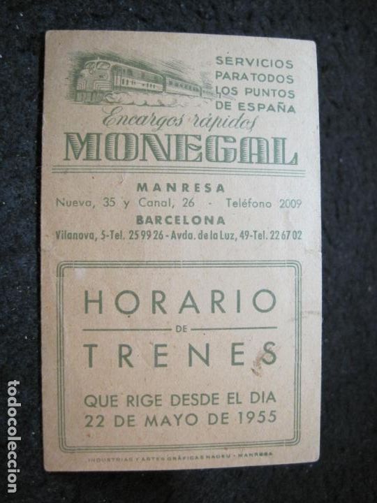 Collectables Transport Tickets: MANRESA-ENCARGOS RAPIDOS MONEGAL-HORARIO TRENES-A&Ntilde;O 1955-VER FOTOS-(94.207)