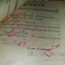 Coleccionismo Billetes de transporte: LICENCIA DE RADIO RECEPTOR 1932 EN REPUBLICA TELEGRAFOS BARCELONA. Lote 46877627