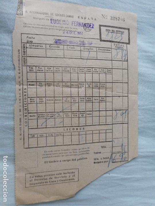 Coleccionismo Billetes de transporte: ANTIGUA FACTURA BILLETE CIA INTERNACIONAL COCHES CAMAS MADRID BARCELONA 1957. WAGON LITS COOK