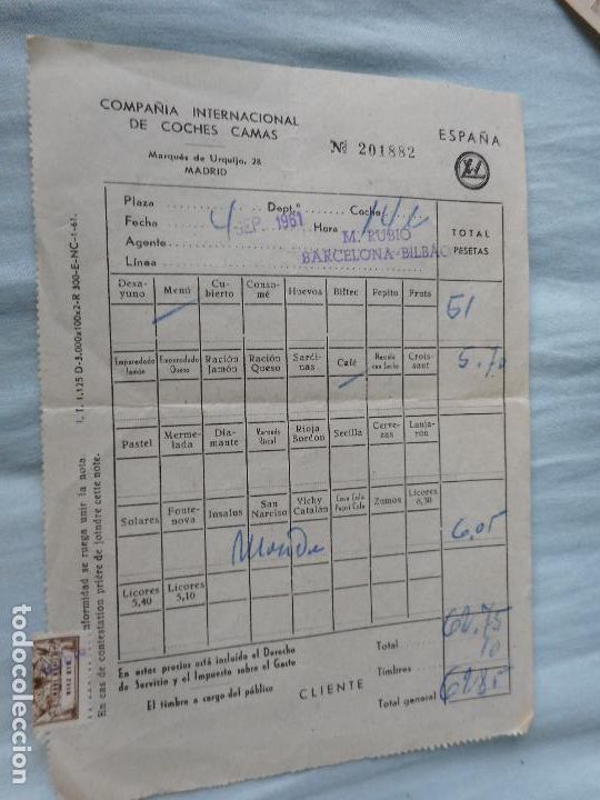 Coleccionismo Billetes de transporte: ANTIGUA FACTURA COMPA&Ntilde;IA COCHES CAMAS WAGON LITS COOK BARCELONA BILBAO 1961