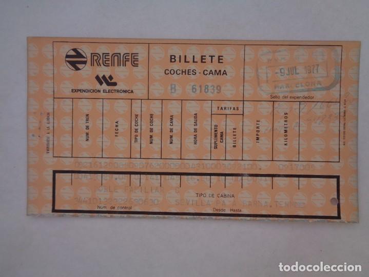 Coleccionismo billetes de transporte: RED NACIONAL FERROCARRILES ESPA&Ntilde;OLES, RENFE: BILLETE COCHE CAMA DOBLE FAM. SEVILLA - BARCELONA, 1977