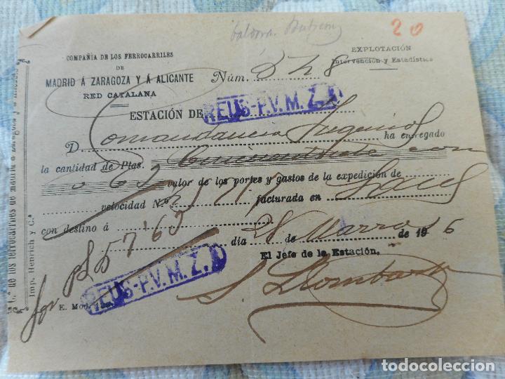 Collectables Transport Tickets: ANTIGUO RECIBO COMPA&Ntilde;IA FERROCARRILES MADRID ZARAGOZA ALICANTE. ESTACION REUS 1916