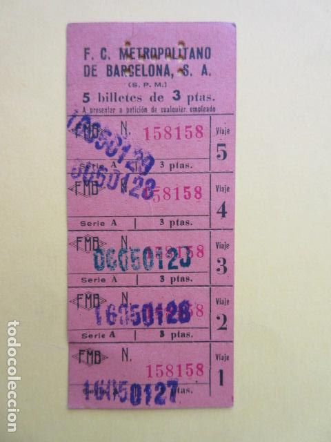 Sammeln von Fahrkarten: METRO BARCELONA TARJETA 5 VIAJES - 5 BILLETES 3 PESETAS - SIN PUBLICIDAD