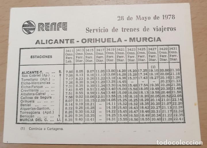 Colecionismos Bilhetes de Transporte: CALENDARIO DE HORARIOS FERROCARRIL RENFE ALICANTE - MURCIA 1978