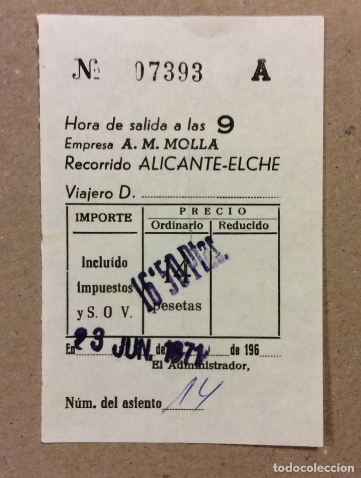 Sammeln von Fahrkarten: BILLETE ALICANTE - ELCHE (1971). EMPRESA A.M. MOLLA.