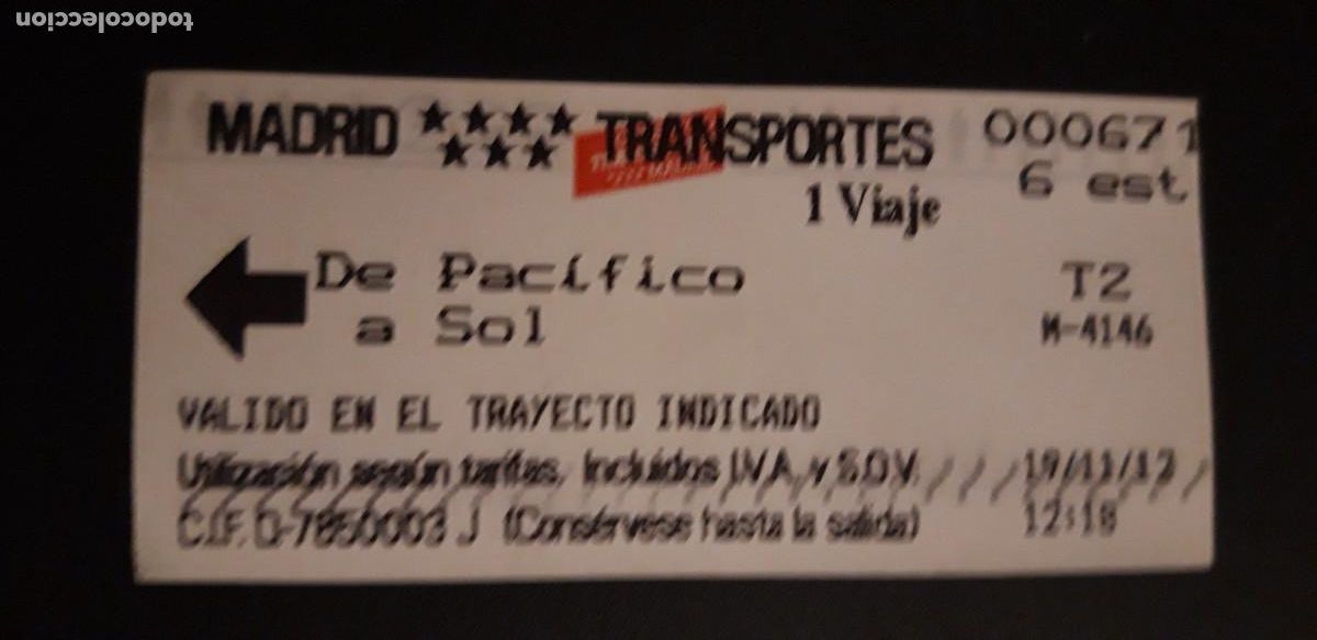 Collectionnisme Billets de transport: 1 BILLETE DE ** METRO. PACIFICO - SOL 19/11/12 . **