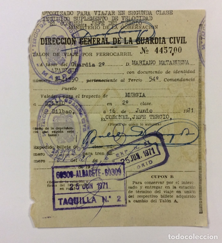 Collectionnisme Billets de transport: AUTORIZACI&Oacute;N DE VIAJE DE LA GUARDIA CIVIL DEL A&Ntilde;O 1971