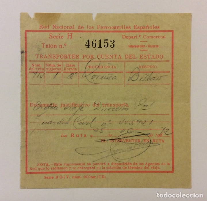 Collectionnisme Billets de transport: BILLETE TRANSPORTE BILBAO - LA CORU&Ntilde;A DE 1972 RED NACIONAL DE FERROCARRILES ESPA&Ntilde;OLES.