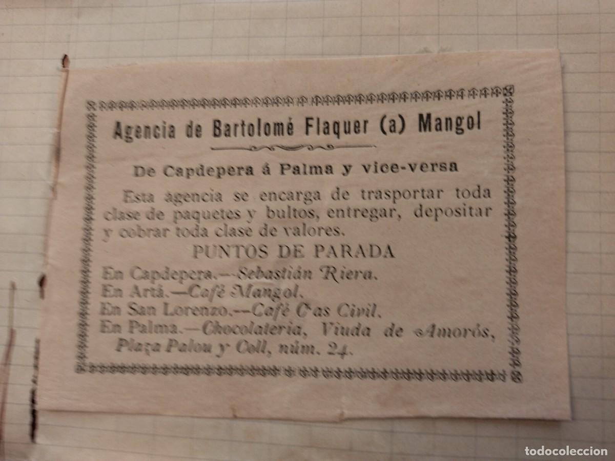 Colecionismos Bilhetes de Transporte: TARJETA PUBLICITARIA. BARTOLOM&Eacute; FLAQUER (A) MANGOL. TRANSPORTES CAPDEPERA-PALMA. MALLORCA. 1916.