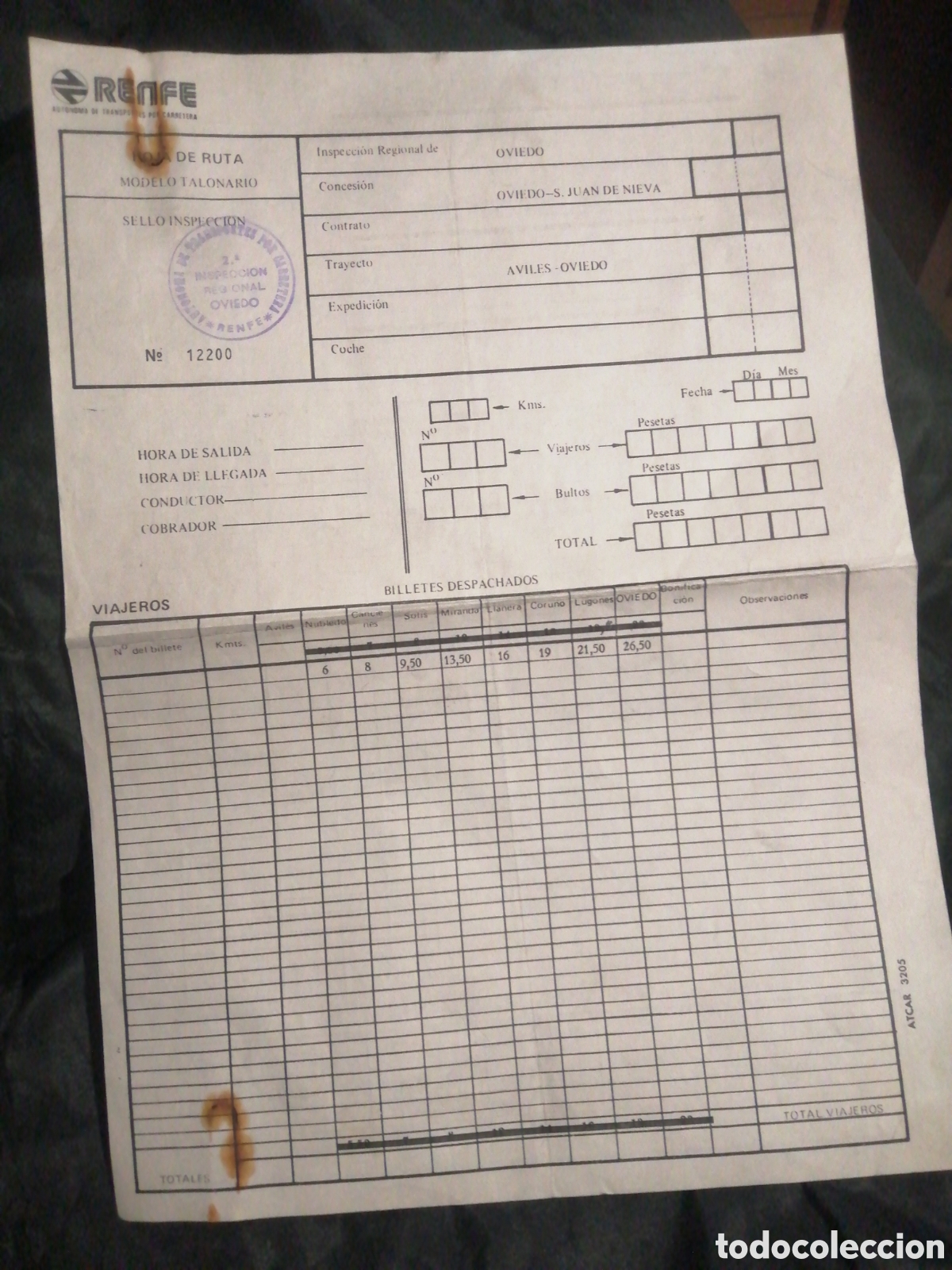 Colecionismos Bilhetes de Transporte: RENFE, ANTIGUA HOJA DE RUTA OVIEDO - AVIL&Eacute;S, SAN JUAN DE NIEVA. SIN USO.