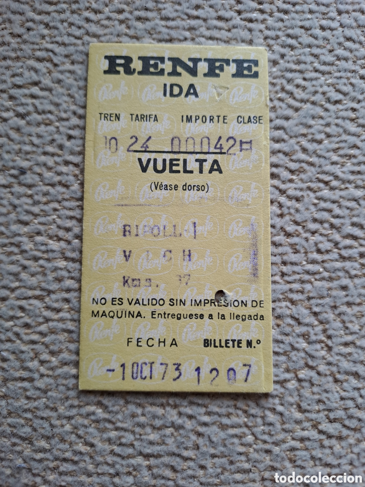 Colecionismos Bilhetes de Transporte: ANTIGUO BILLETE FERROCARRIL TREN RIPOLL VICH 1 OCTUBRE 1973 VUELTA