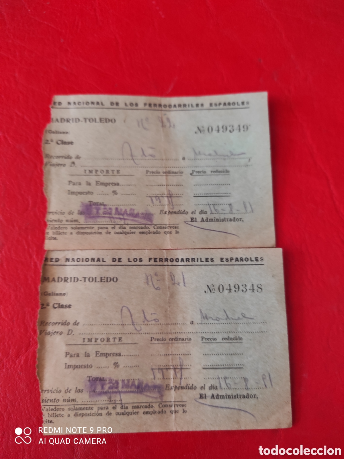 Coleccionismo Billetes de transporte: Dos billetes red nacional de ferrocarriles espa&ntilde;oles trayecto Madrid toledo, a&ntilde;o 1951