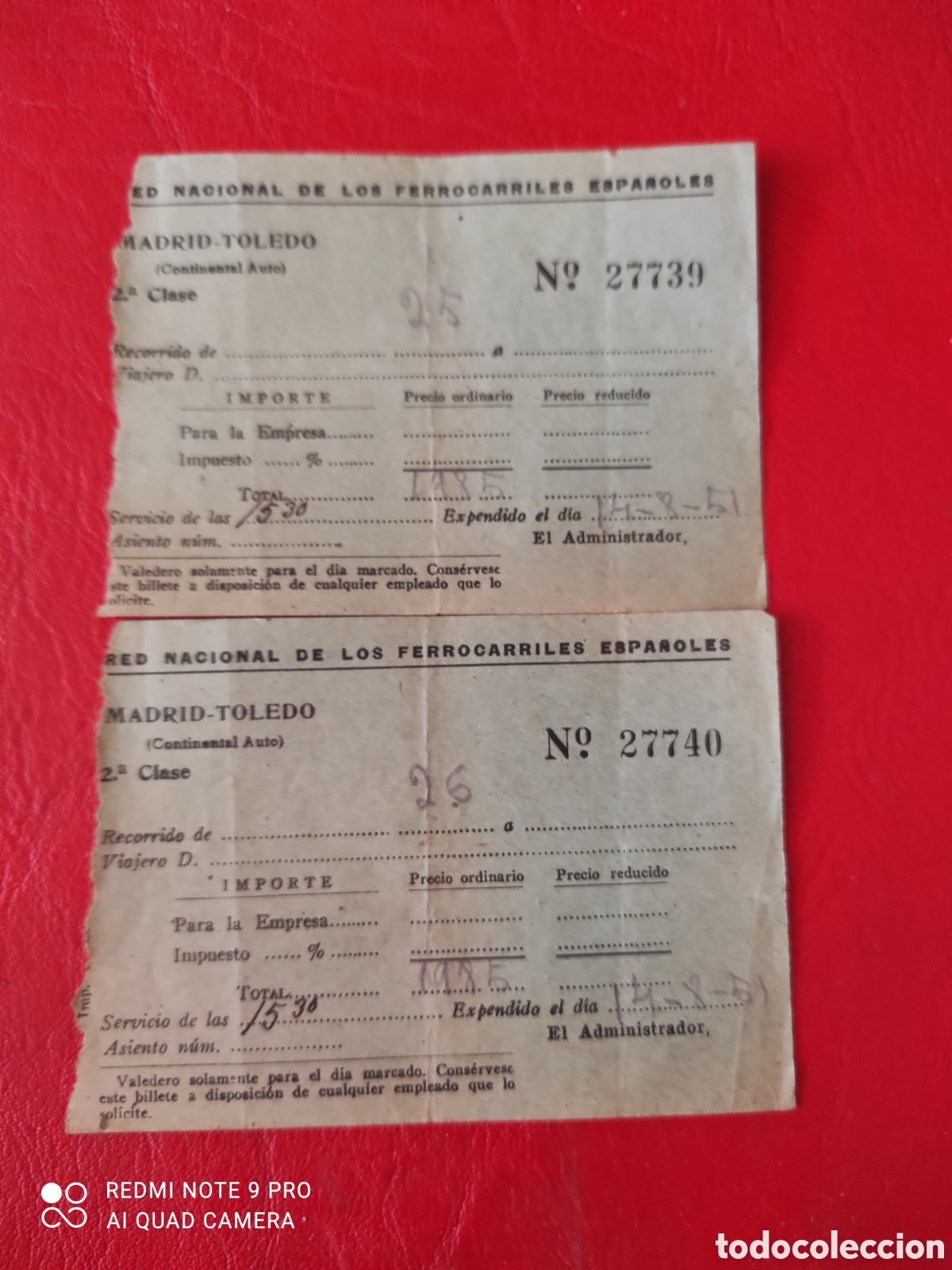 Coleccionismo Billetes de transporte: Dos billetes red nacional de ferrocarriles espa&ntilde;oles trayecto madrid toledo a&ntilde;o 1951