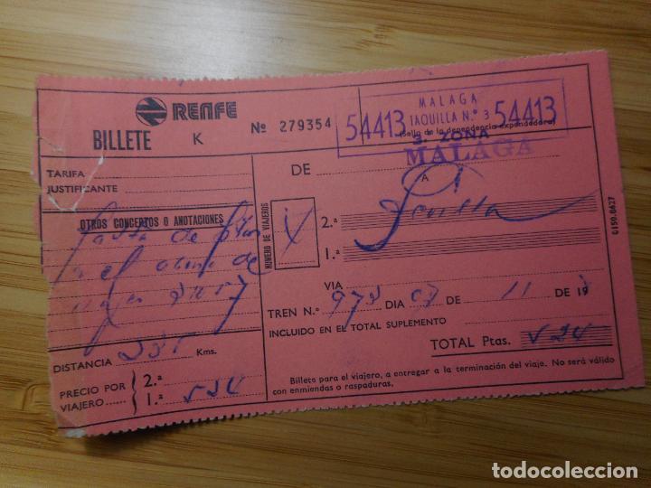 Colecionismos Bilhetes de Transporte: ANTIGUO BILLETE FERROCARRIL TREN RENFE MALAGA SEVILLA