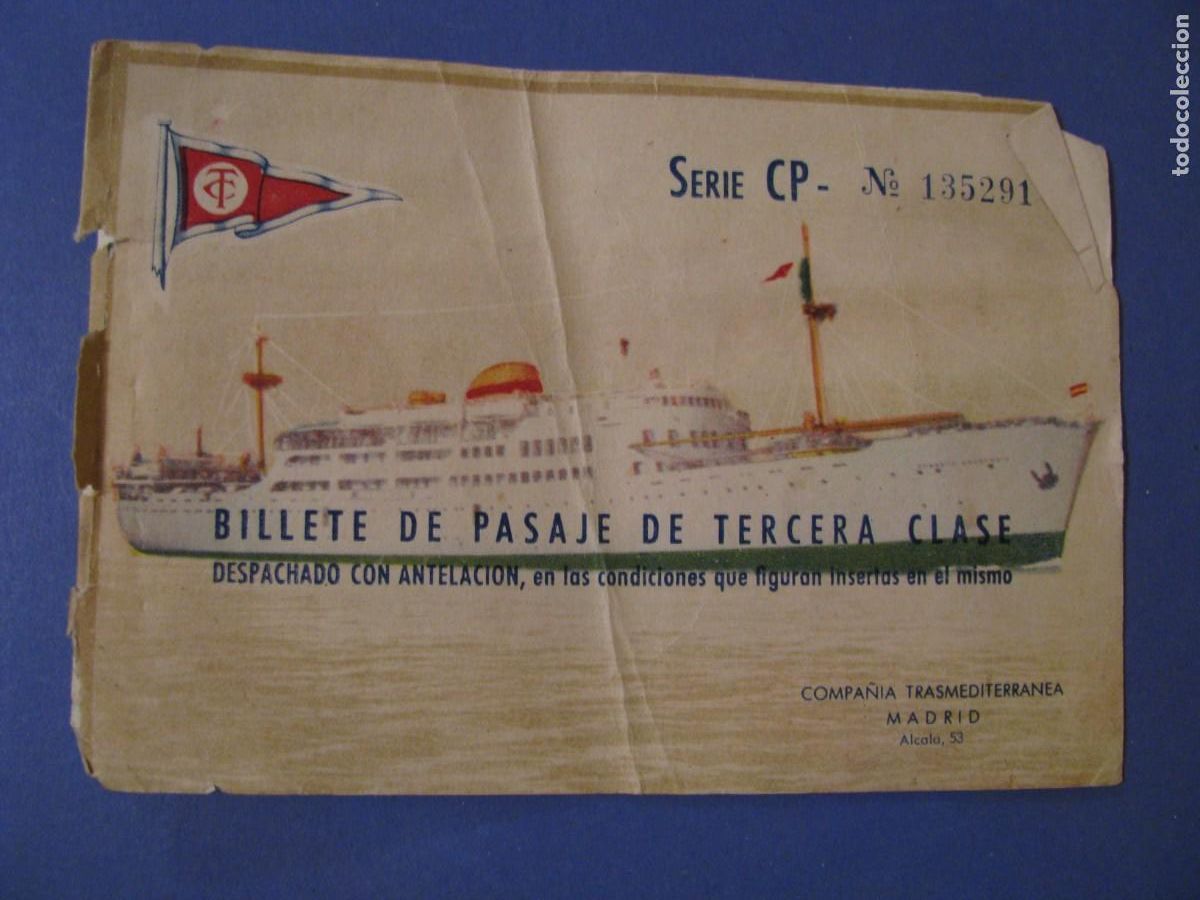 Coleccionismo Billetes de transporte: BILLETE PASAJE COMPA&Ntilde;&Iacute;A TRASMEDITERRANEA. TERCERA CLASE. 1960.