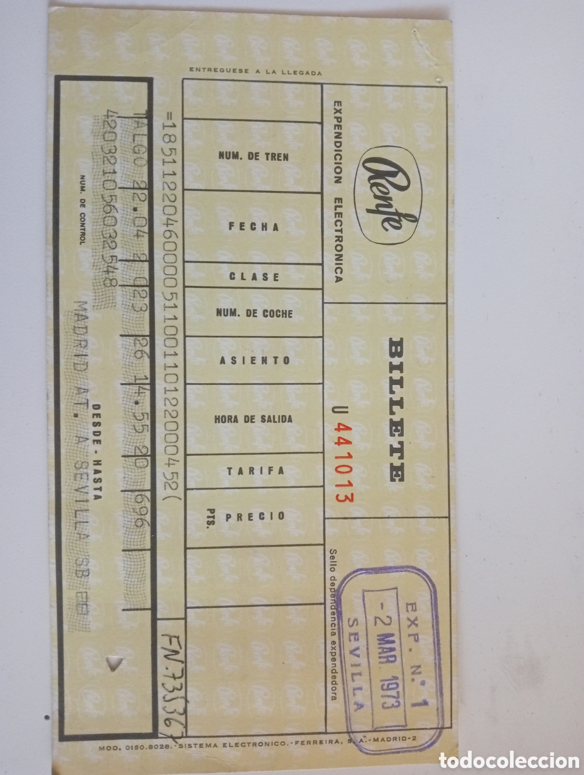 Collectables Transport Tickets: Billete renfe expedici&oacute;n electr&oacute;nica exp 2 Mar 1973