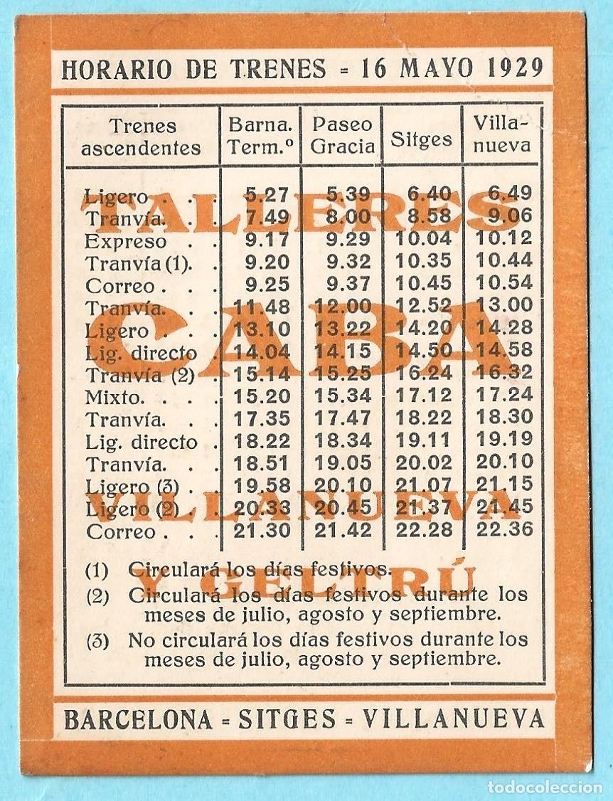Collectionnisme Billets de transport: HORARIO DE TRENES. 16 MAYO 1929. TALLERES CABA VILLANUEVA Y GELTR&Uacute;. SITGES, BARCELONA