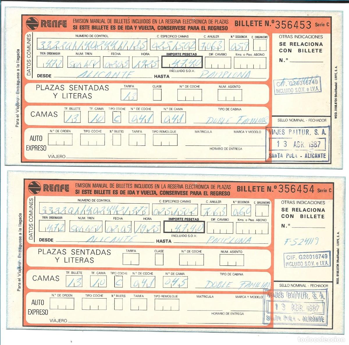 Coleccionismo billetes de transporte: DOS BILLETES RENFE (COCHESCAMA)- A&Ntilde;O 1987