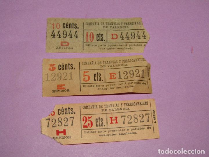 Sammeln von Fahrkarten: ORTEGA - 3 Billetes de Tranv&iacute;as y Ferrocarriles de Valencia de 5-10-25 cts.
