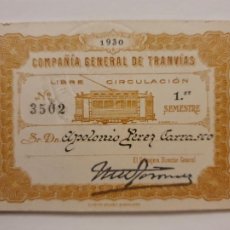 Coleccionismo Billetes de transporte: COMPAÑÍA GENERAL DE TRANVÍAS - BARCELONA - LIBRE CIRCULACIÓN 1930 - NE11