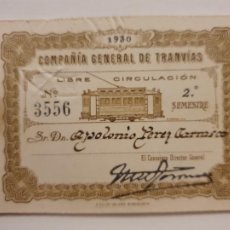 Coleccionismo Billetes de transporte: COMPAÑÍA GENERAL DE TRANVÍAS - BARCELONA - LIBRE CIRCULACIÓN 1930 - NE11
