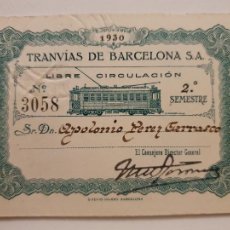Coleccionismo Billetes de transporte: TRANVÍAS DE BARCELONA S.A. - LIBRE CIRCULACIÓN 1930 - NE11