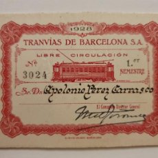 Coleccionismo Billetes de transporte: TRANVÍAS DE BARCELONA S A. - LIBRE CIRCULACIÓN 1928 - NE11