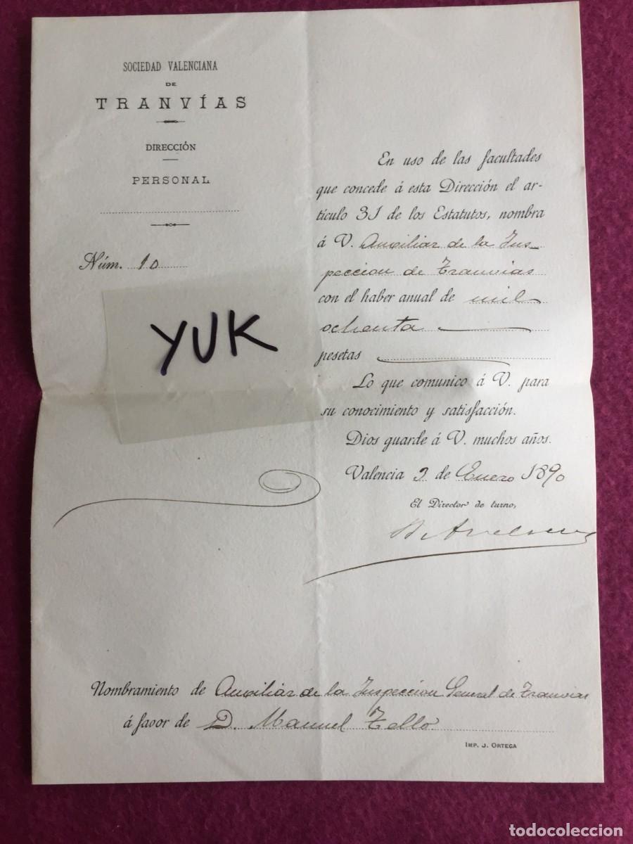Sammeln von Fahrkarten: NOMBRAMIENTO DE AUXILIAR DE INSPECCION DE TRANVIAS 1890 - SOCIEDAD VALENCIANA DE TRANVIAS - ORIGINAL