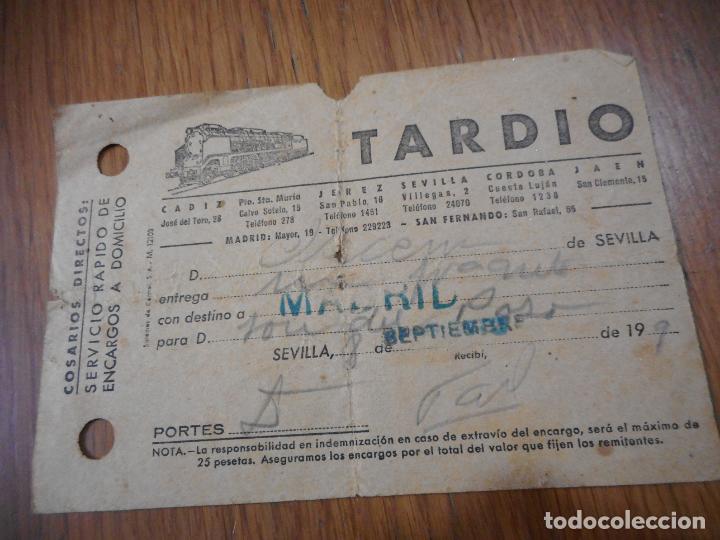 Sammeln von Fahrkarten: FERROCARRILES RECIBO SERVICIO RAPIDO TARDIO ENCARGOS DOMICILIO SEVILLA-MADRID 1949?