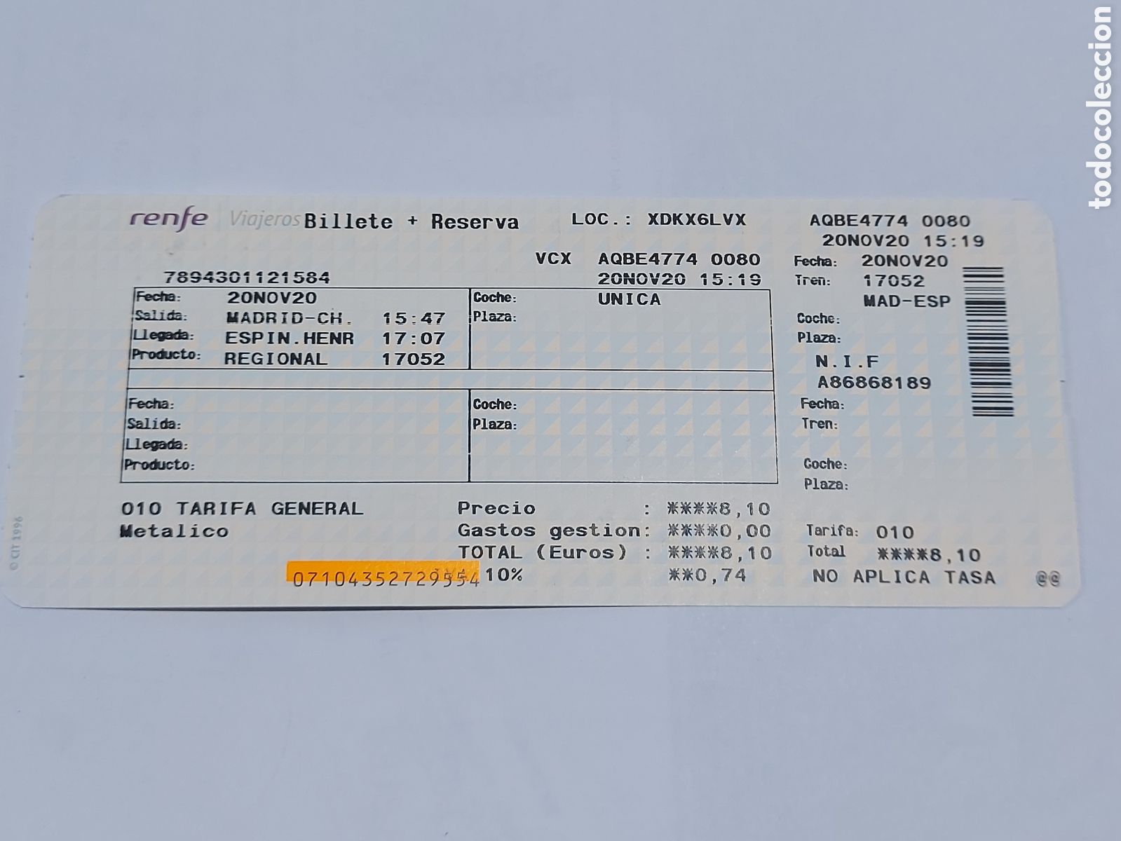 Colecionismos Bilhetes de Transporte: BILLETE DE TREN RENFE MEDIA DISTANCIA MADRID A ESPINOSA DEL HENARES 20.11.2020