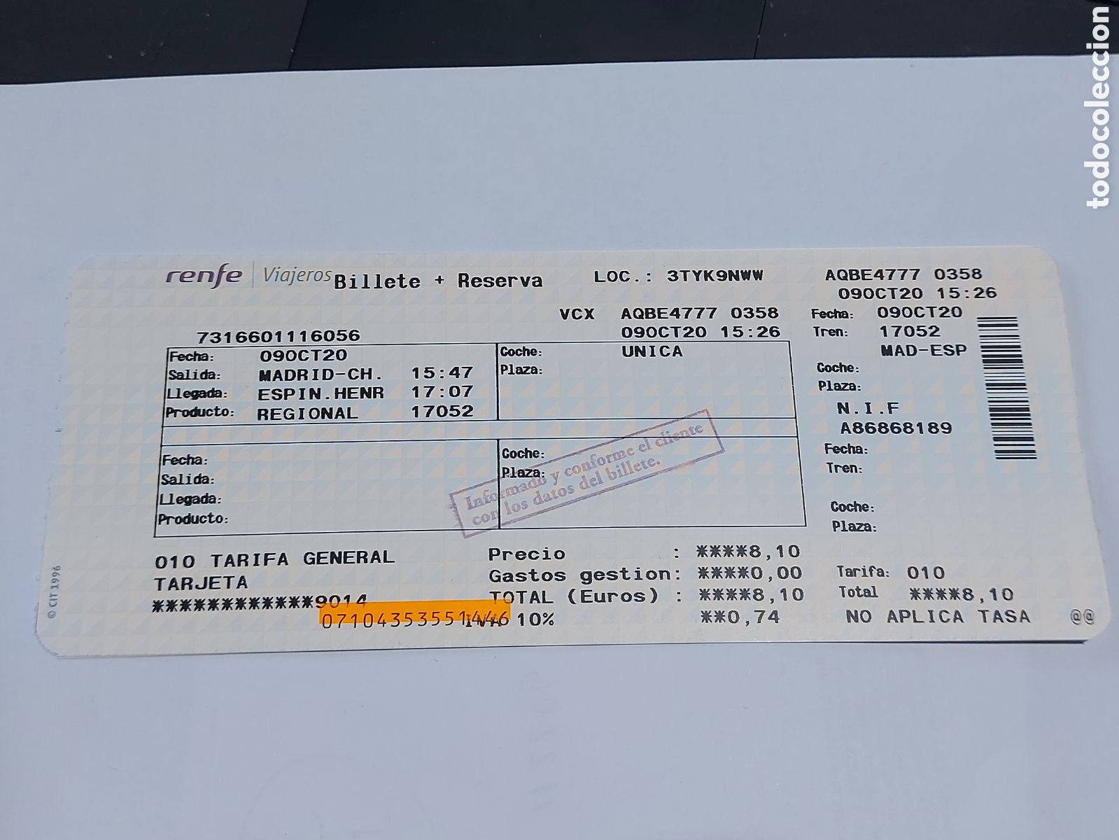 Colecionismos Bilhetes de Transporte: BILLETE DE TREN RENFE MEDIA DISTANCIA MADRID A ESPINOSA DEL HENARES 09.10.2020