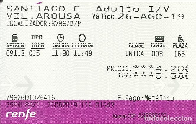 Collectionnisme Billets de transport: Billete RENFE. 2019. Santiago de Compostela. Villagarc&iacute;a de Arousa. 5,5x9 cm.