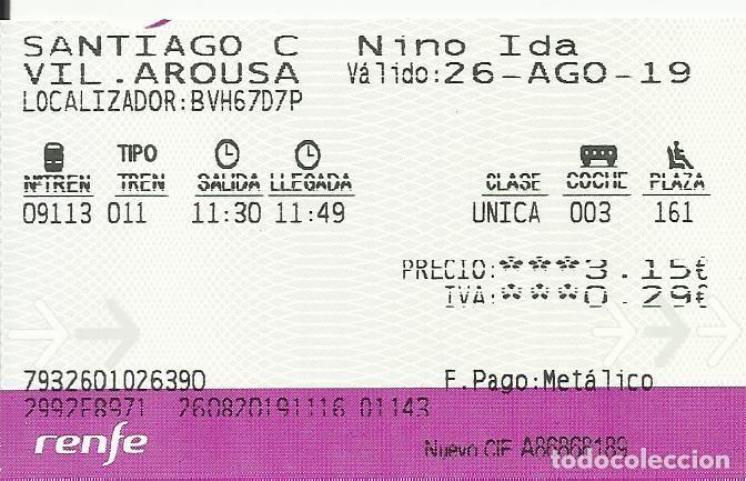 Collectionnisme Billets de transport: Billete RENFE. 2019. Santiago de Compostela. Villagarc&iacute;a de Arousa. 5,5x9 cm.