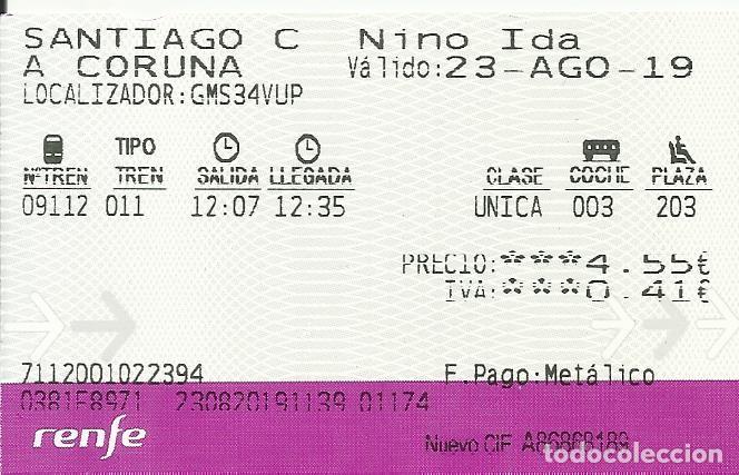 Collectionnisme Billets de transport: Billete RENFE. 2019. Santiago de Compostela. A Coru&ntilde;a. 5,5x9 cm.