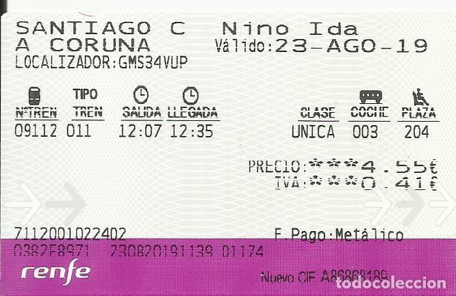 Collectionnisme Billets de transport: Billete RENFE. 2019. Santiago de Compostela. A Coru&ntilde;a. 5,5x9 cm.