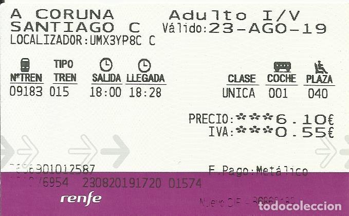 Collectionnisme Billets de transport: Billete RENFE. 2019. Santiago de Compostela. A Coru&ntilde;a. 5,5x9 cm.