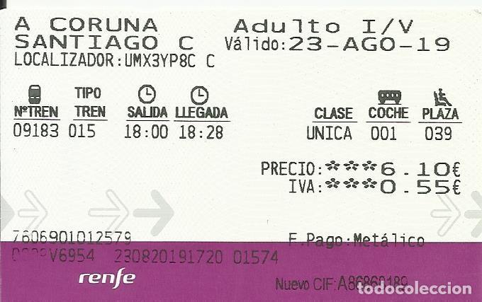 Collectionnisme Billets de transport: Billete RENFE. 2019. Santiago de Compostela. A Coru&ntilde;a. 5,5x9 cm.