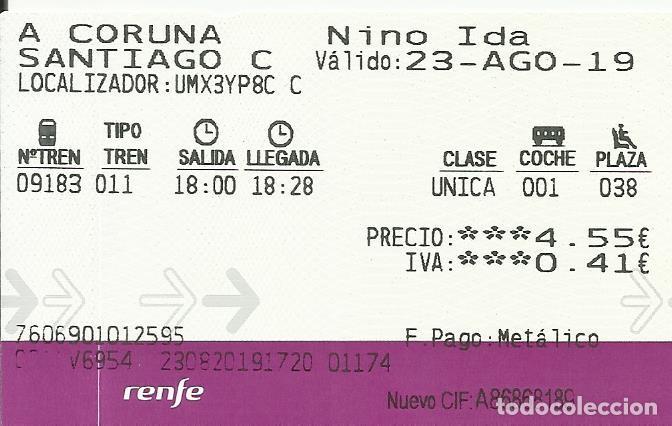 Collectionnisme Billets de transport: Billete RENFE. 2019. A Coru&ntilde;a. Santiago de Compostela. . 5,5x9 cm.