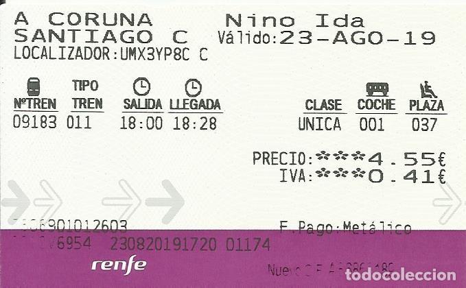 Collectionnisme Billets de transport: Billete RENFE. 2019. A Coru&ntilde;a. Santiago de Compostela. . 5,5x9 cm.