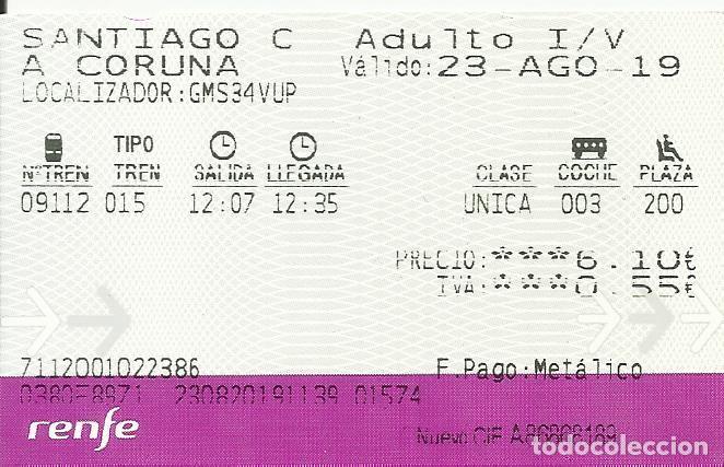 Collectionnisme Billets de transport: Billete RENFE. 2019. A Coru&ntilde;a. Santiago de Compostela. . 5,5x9 cm.