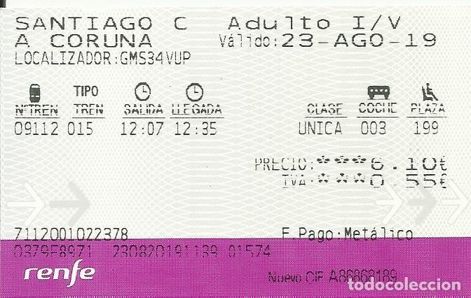 Collectionnisme Billets de transport: Billete RENFE. 2019. A Coru&ntilde;a. Santiago de Compostela. . 5,5x9 cm.