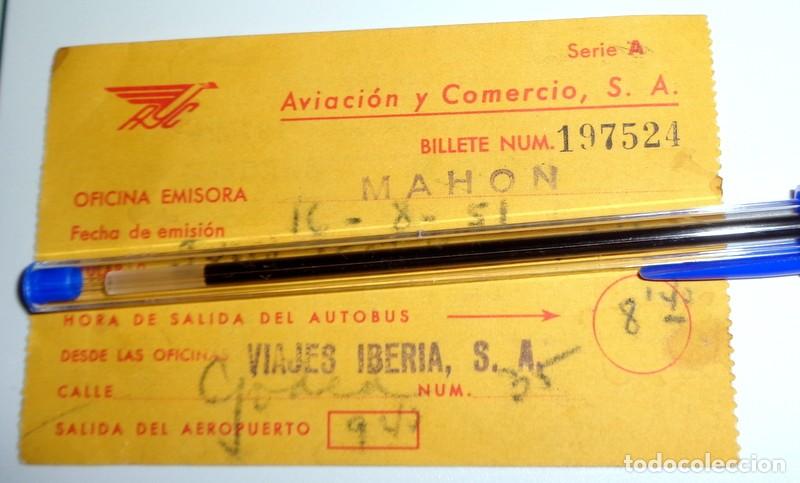 Collectionnisme Billets de transport: BILLETE DE VUELO ANTIGUO. AVIACI&Oacute;N Y COMERCIO AVIACO. MAHON-BARCELONA Agosto 1951. VIAJES IBERIA